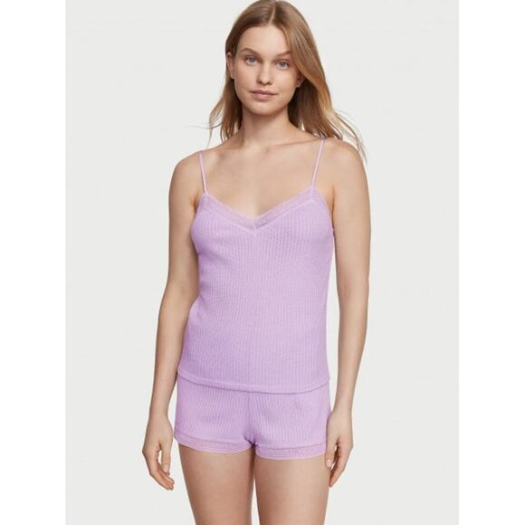 NWT Victoria's Secret Purple Lace-Trim Pointelle Cami & Shorts Set Size Medium - Picture 1 of 10
